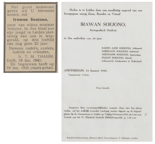 Kabar duka kematian Irawan Soejono, di koran dan sebagai kartu untuk dikirim