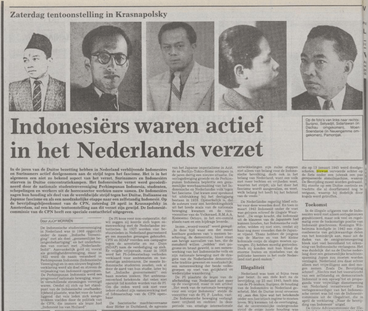Koran »De Waarheid« edisi 19 april 1985 memuat artikel tentang peran aktif orang Indonesia dalam perlawanan