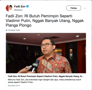 Kitjauan Fadli Zon ketka merinduken Wladimir Putin