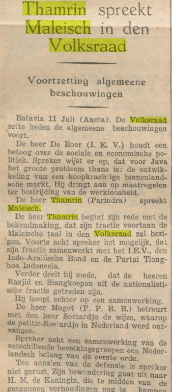 Berita pers bahasa Belanda tentang Thamrin berbahasa Melajoe dalam sidang de Volksraad
