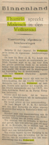 Berita pers bahasa Belanda tentang Thamrin berbahasa Melajoe dalam sidang de Volksraad